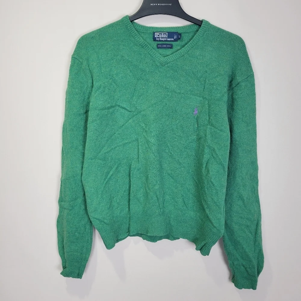 Polo Ralph Lauren 100% Lambs Wool V Neck Sweater Mens Large Green Pony Logo